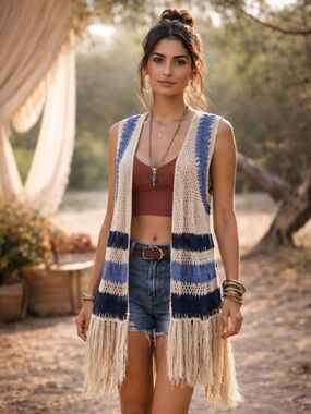 Frazzle Blue & Cream Crochet Fringe Vest XXL Boho Festival Duster 38” NWT